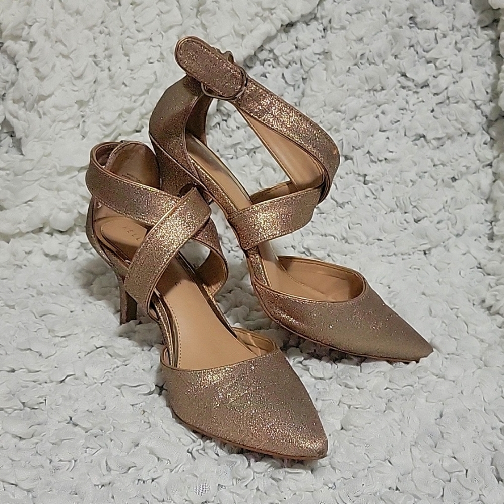 Kelly and Katie goldish colored cross strap heels